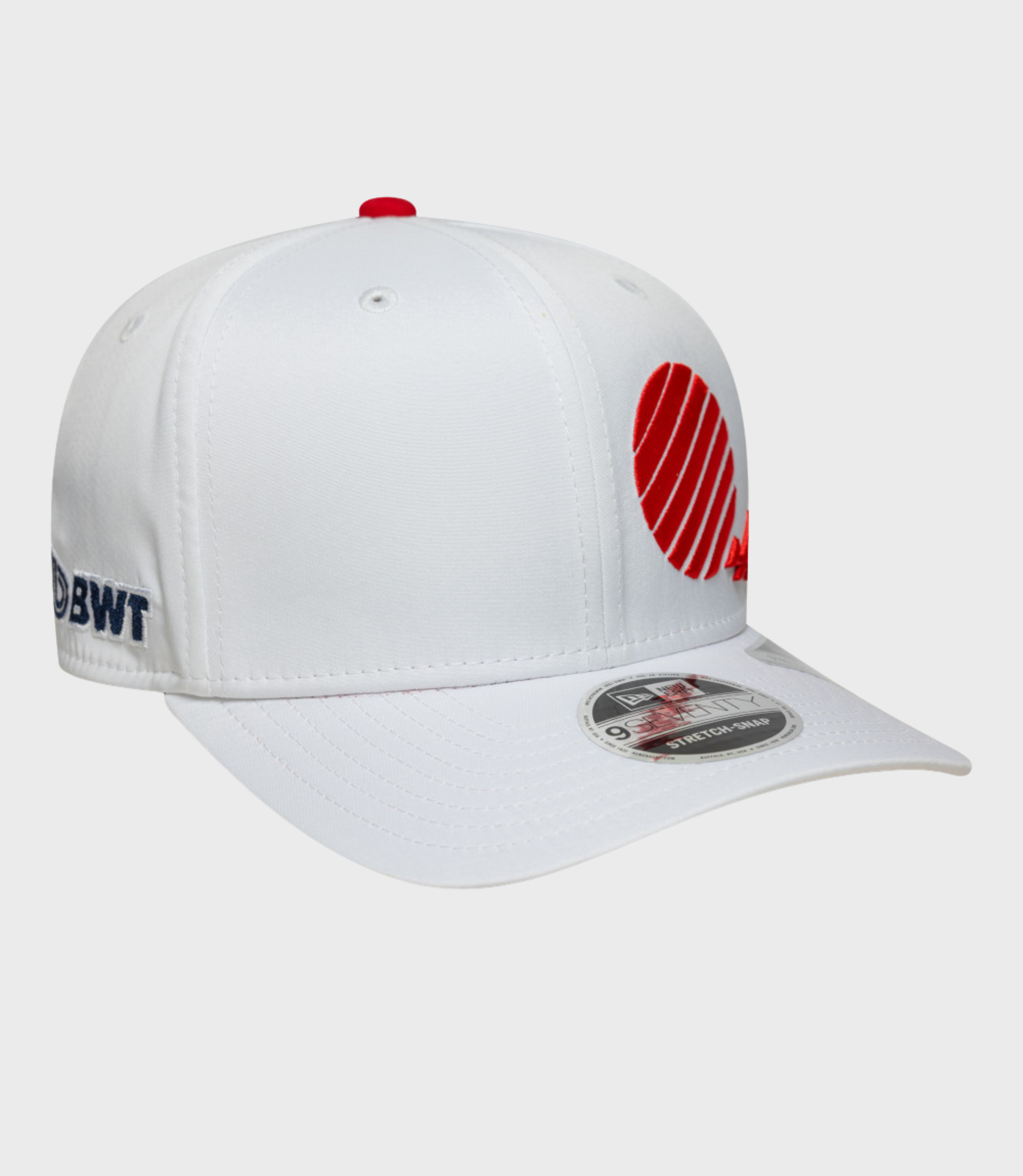 Rear right view of the white cap with red striped side detail and red strap, brim sticker visible
