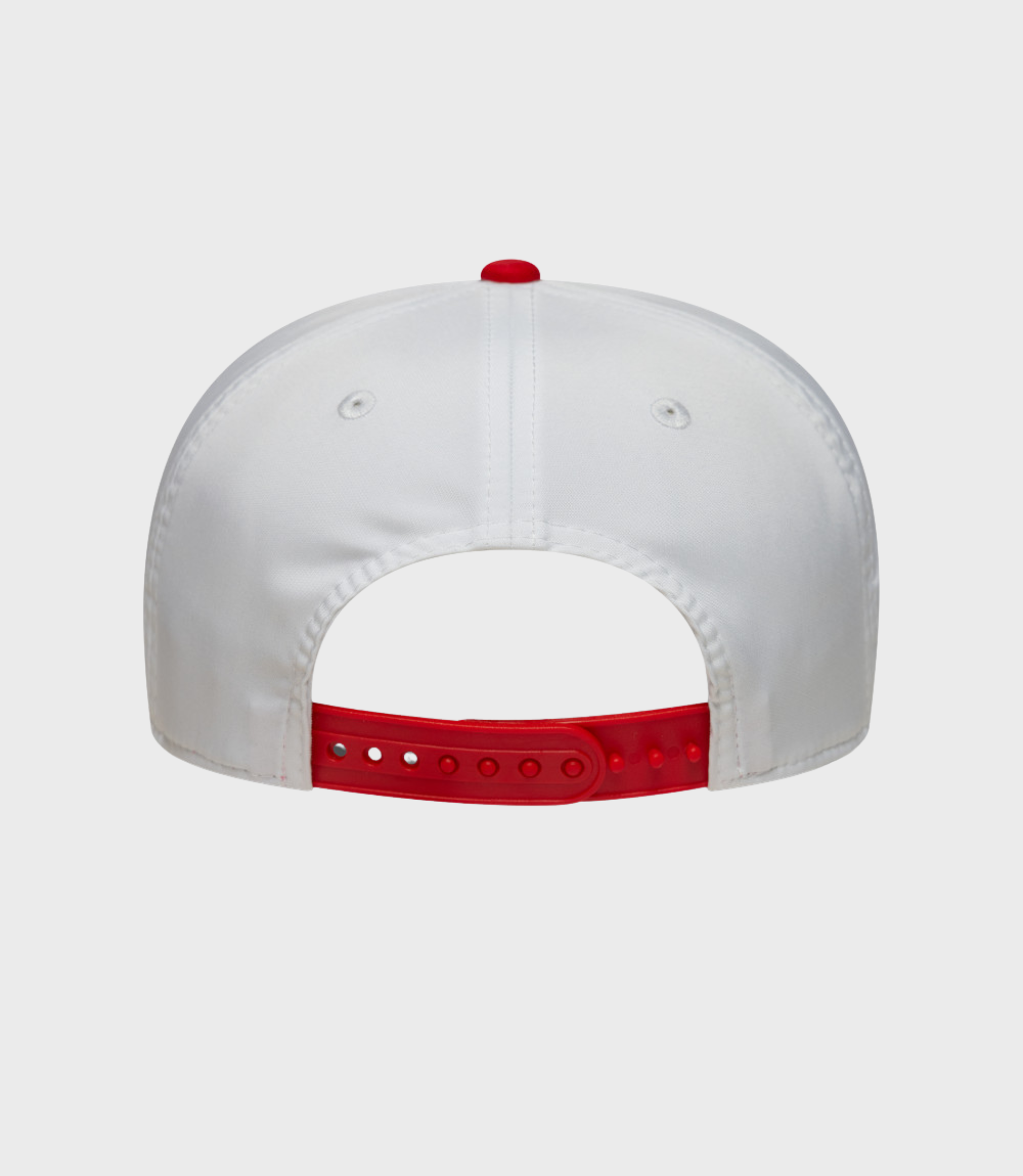 Back view of a white New Era Alpine Japan 9Seventy cap showing a red adjustable strap