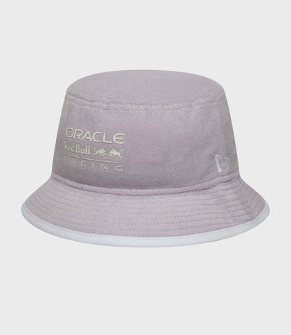Interior view of pastel purple bucket hat with crown padding and an inner New Era branding strip