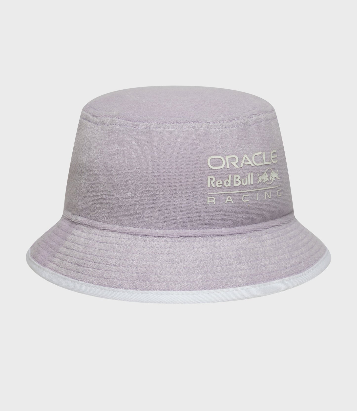Close up of lavender bucket hat crown with Oracle Red Bull Racing branding.