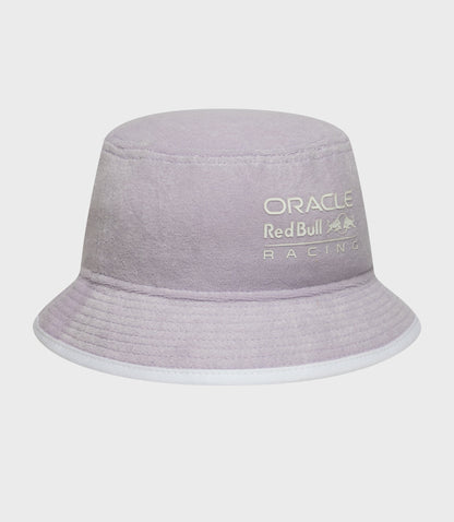 Close up of lavender bucket hat crown with Oracle Red Bull Racing branding.
