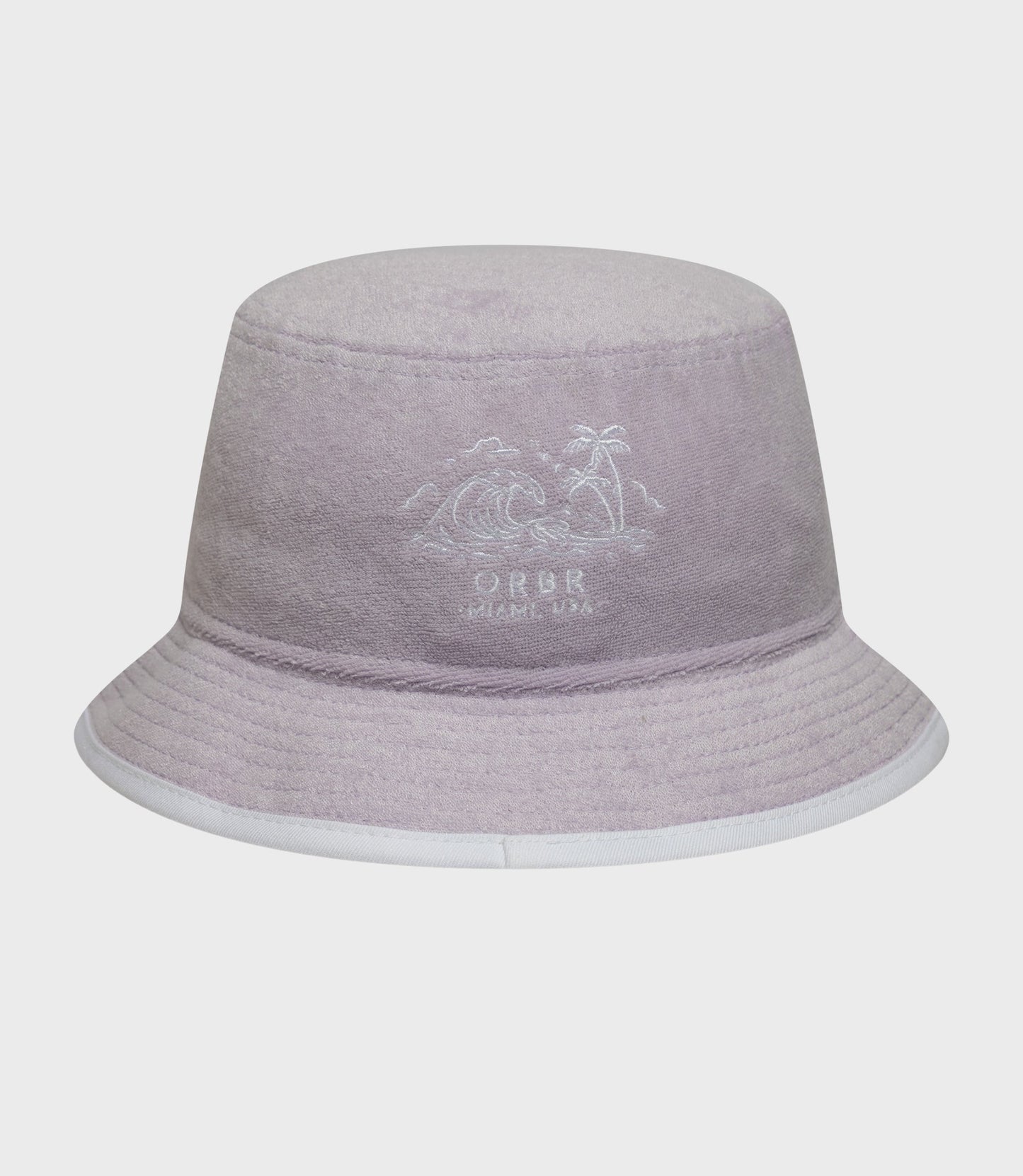 Pastel purple bucket hat crown with subtle palm tree embroidery and Oracle Red Bull Racing branding