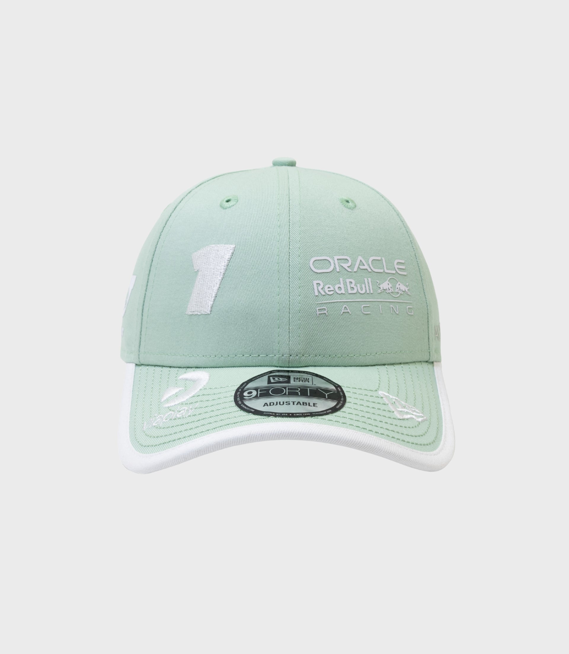 Front view of pastel green cap crown with Oracle Red Bull Racing Miami branding