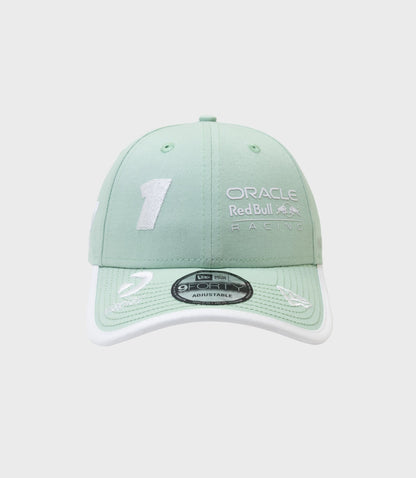 Front view of pastel green cap crown with Oracle Red Bull Racing Miami branding