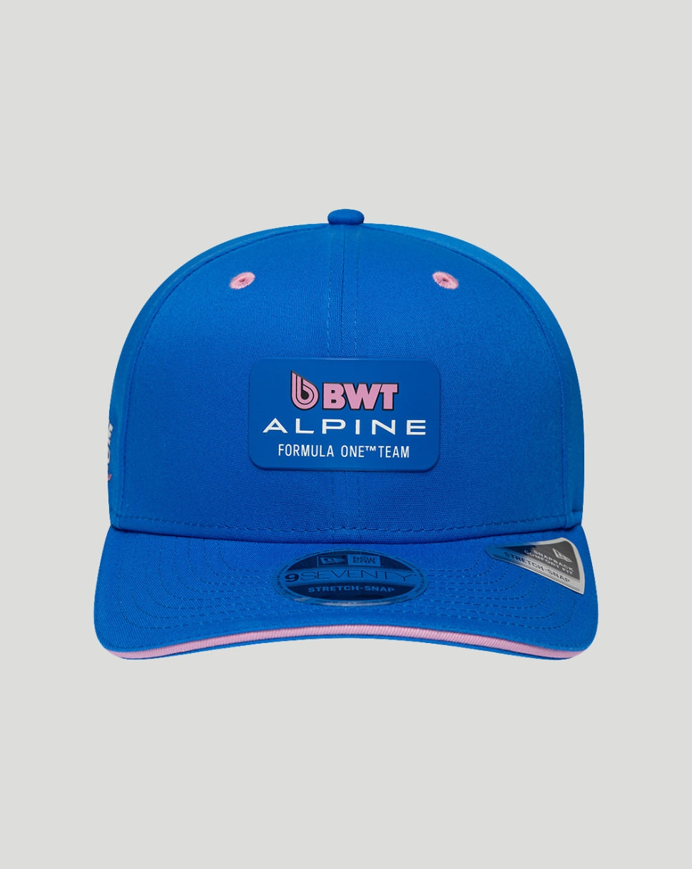 Blue New Era 9Seventy cap with BWT Alpine logo patch and pink inner visor