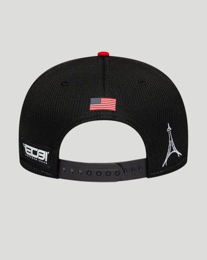 Back view of black New Era Haas Esteban Ocon 9Seventy cap with adjustable strap and American flag patch