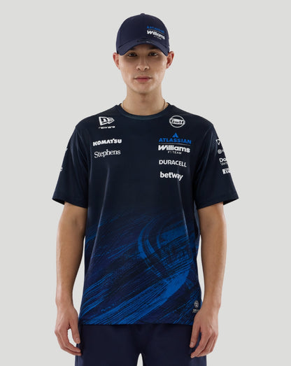 Model wearing navy Williams Racing 2026 F1 team T-shirt with sponsor logos and matching cap