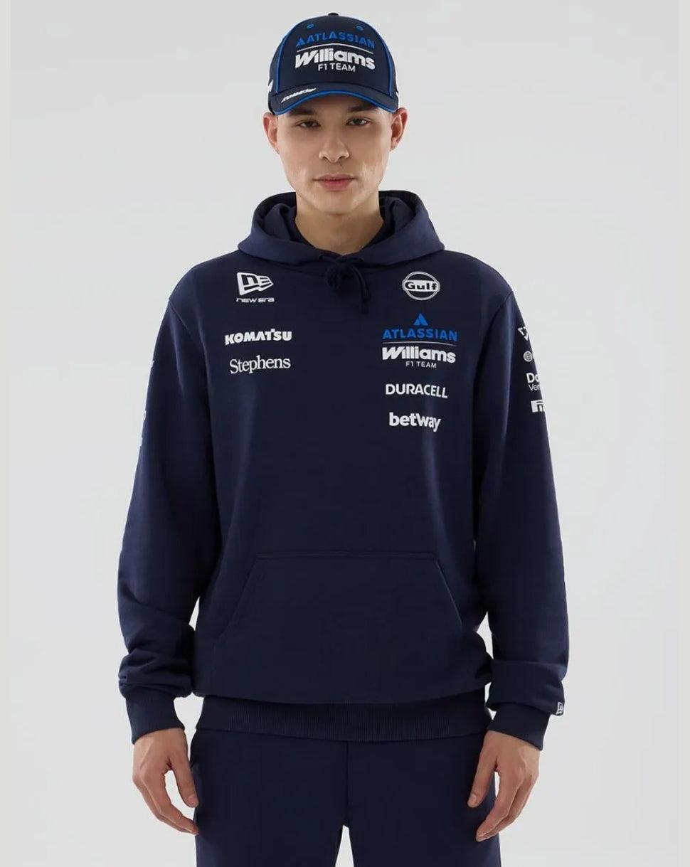 Navy Williams F1 team hoodie by New Era with sponsor logos and a front kangaroo pocket