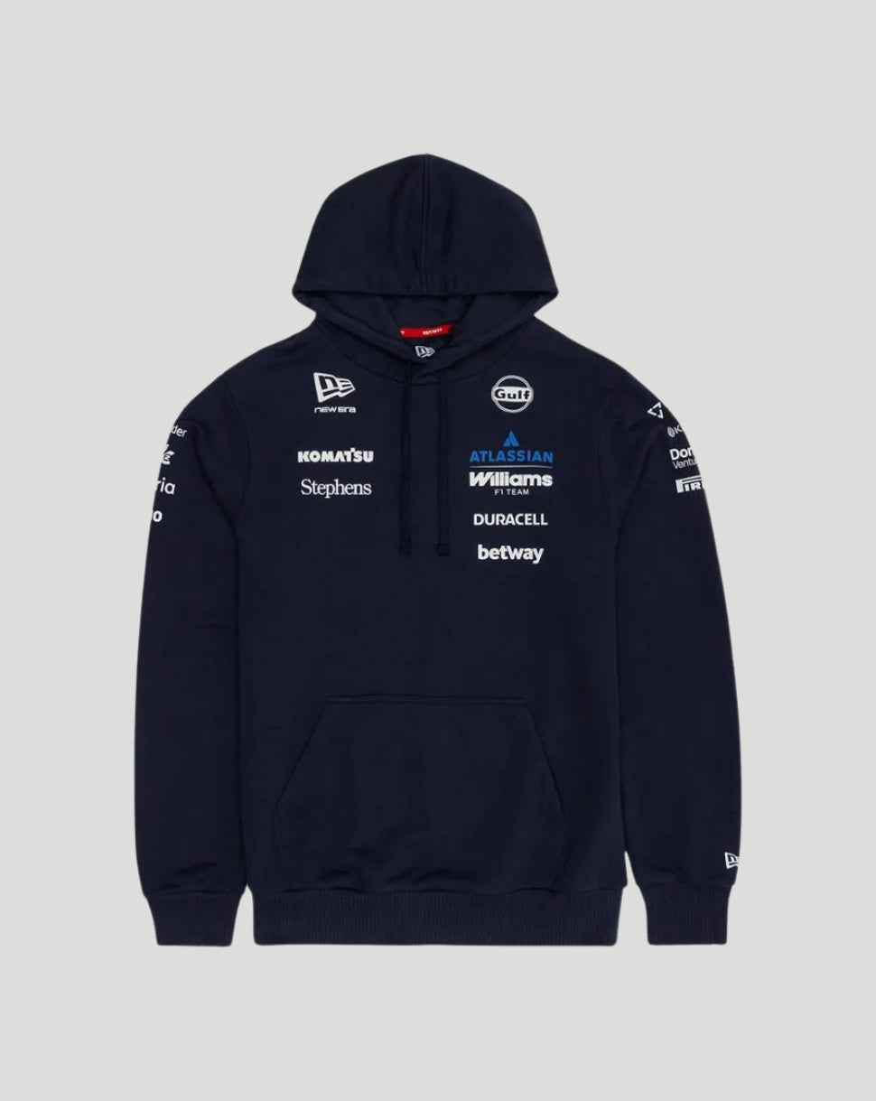 Navy Williams F1 Team hoodie with Atlassian logo on chest and multiple sponsor logos across the front