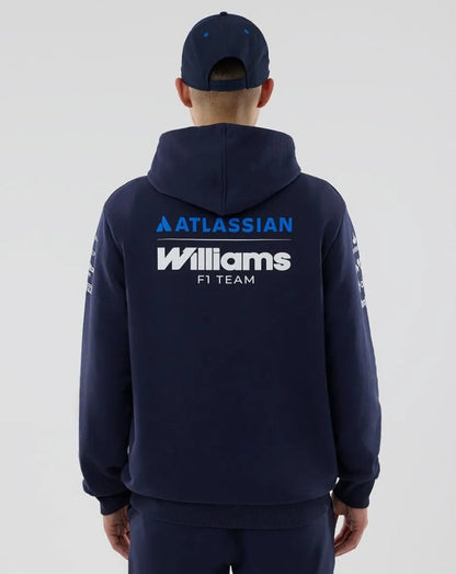 Rear view of the navy Williams Racing hoodie showing a large Atlassian Williams F1 Team logo on the back and logos along the sleeves