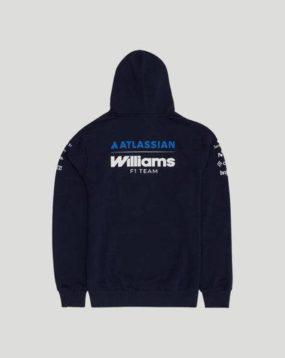Back view of the navy Williams Racing hoodie with Atlassian Williams F1 Team logo on the back and sleeve sponsor logos