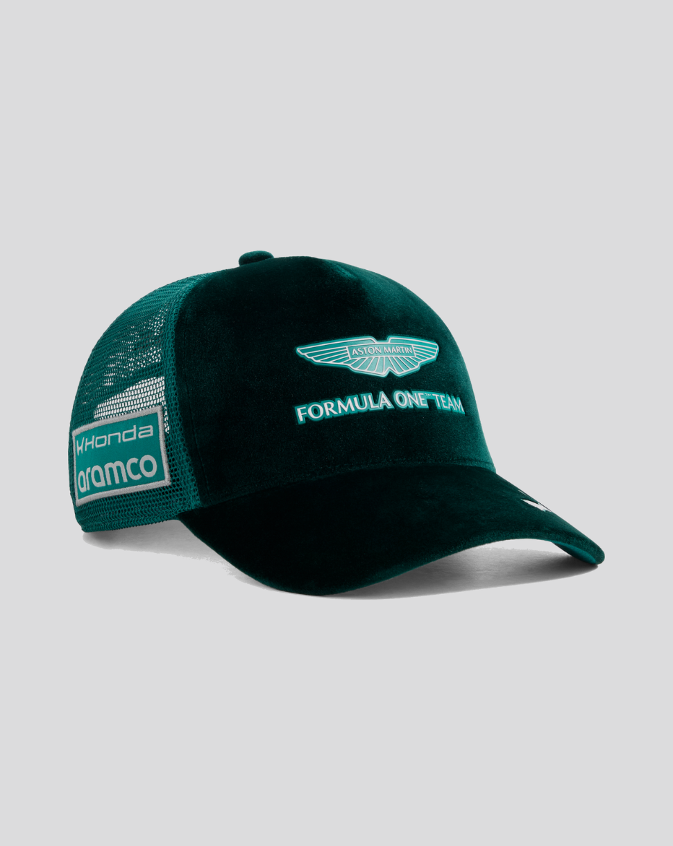 Green Aston Martin Formula One team cap with embroidered wings crest on front and mesh back panel