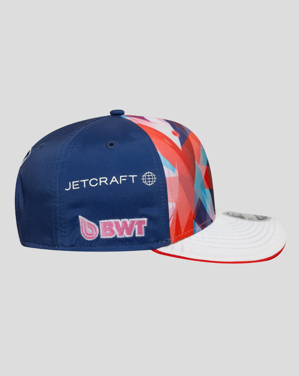 Back view of the cap featuring Jetcraft and BWT logos on a blue crown with colorful side panels