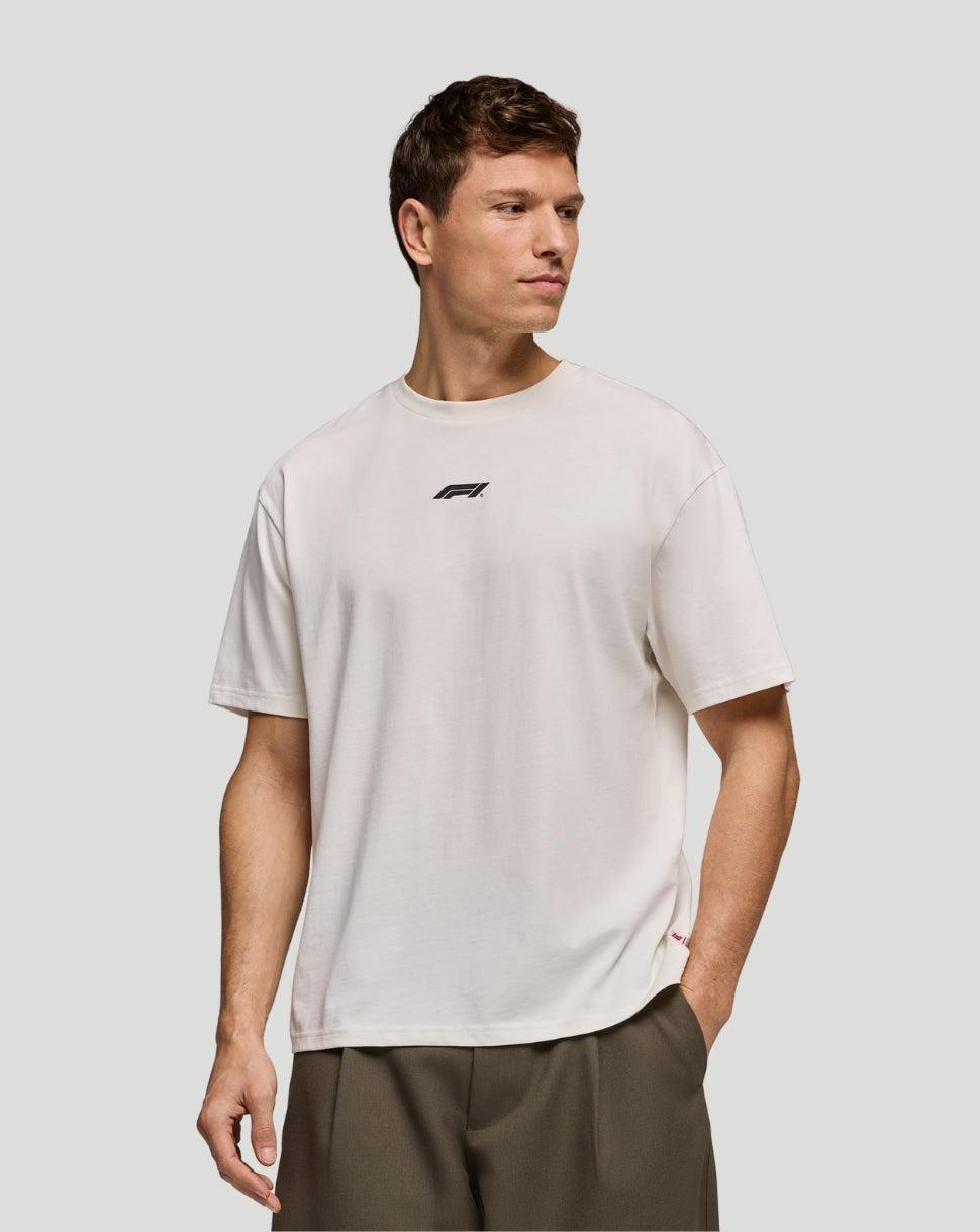 White F1 Fanwear Racing Division graphic T shirt with small black F1 logo on chest
