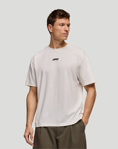 White F1 Fanwear Racing Division graphic T shirt with small black F1 logo on chest