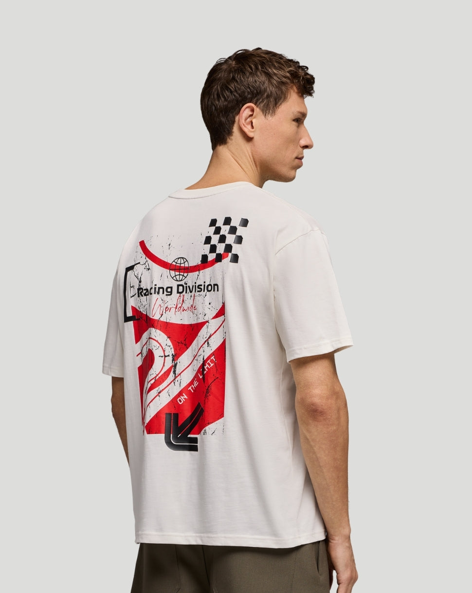 Back view of white F1 Fanwear Racing Division Worldwide graphic T shirt with bold red artwork.