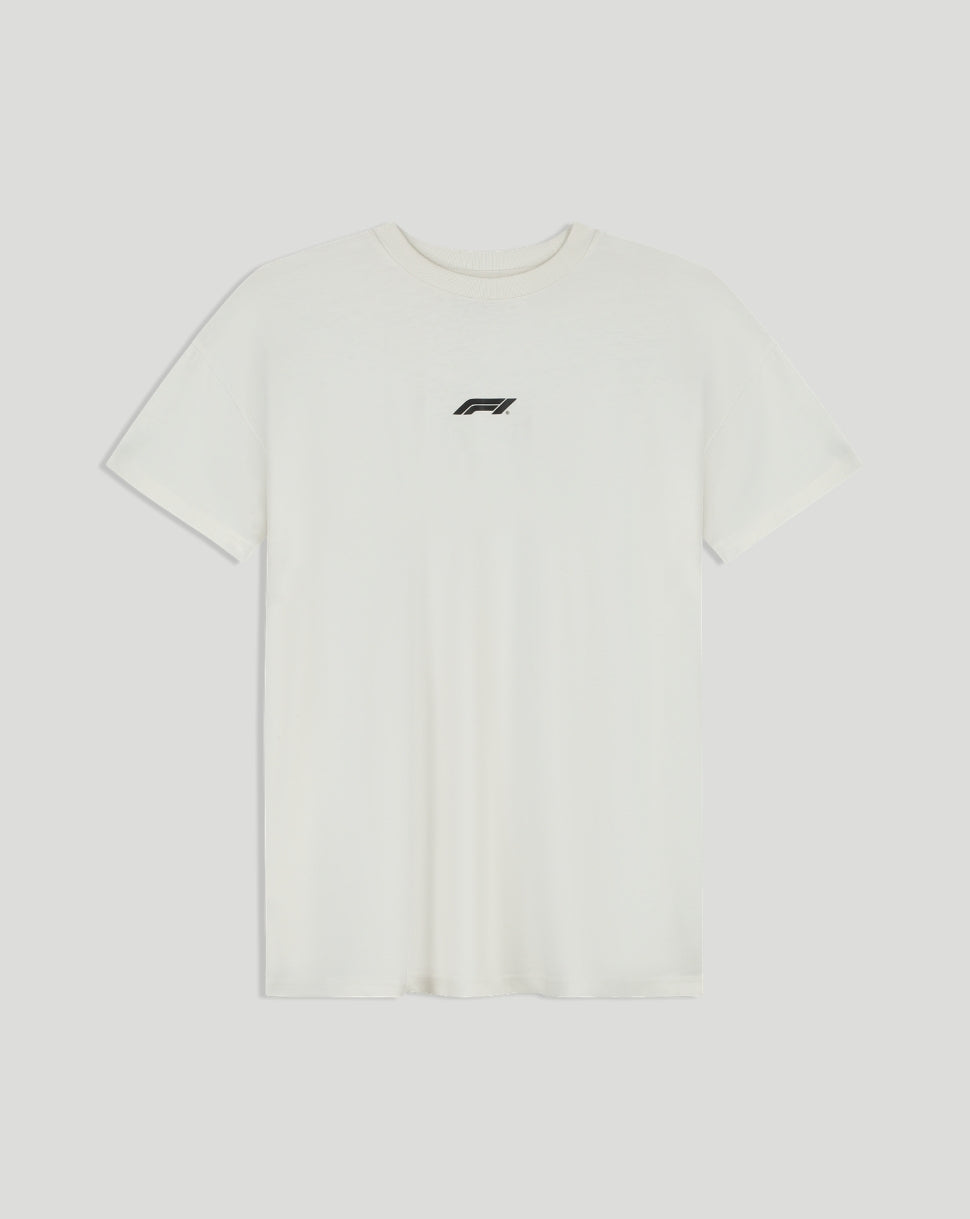 Front view of white T shirt with small black F1 logo centered on chest.