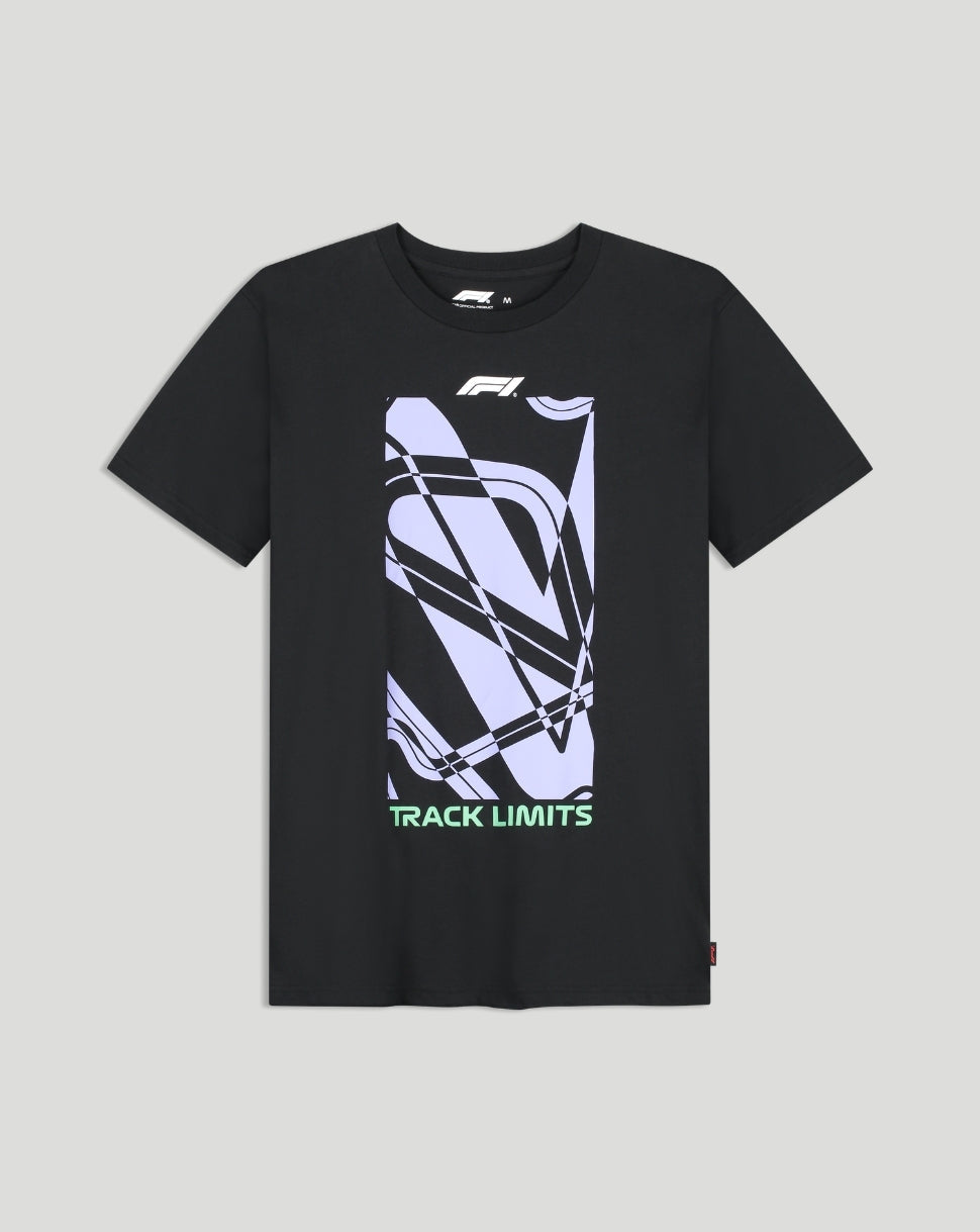 Black F1 Fanwear Track Graphic T Shirt front with lavender abstract design and Track Limits text