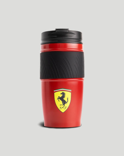 Red Scuderia Ferrari thermal mug with black textured grip and shield emblem