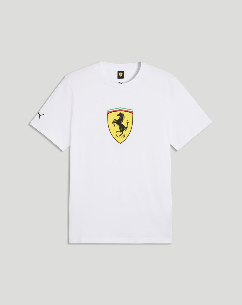 White Scuderia Ferrari Big Shield T-Shirt with yellow prancing horse crest centered on chest and a small Puma logo on the sleeve.