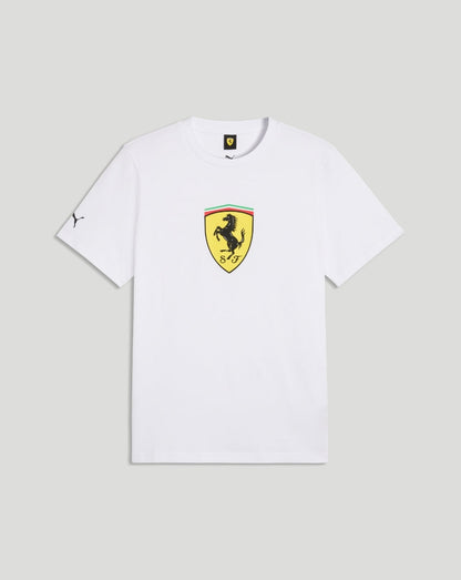 White Scuderia Ferrari Big Shield T-Shirt with yellow prancing horse crest centered on chest and a small Puma logo on the sleeve.