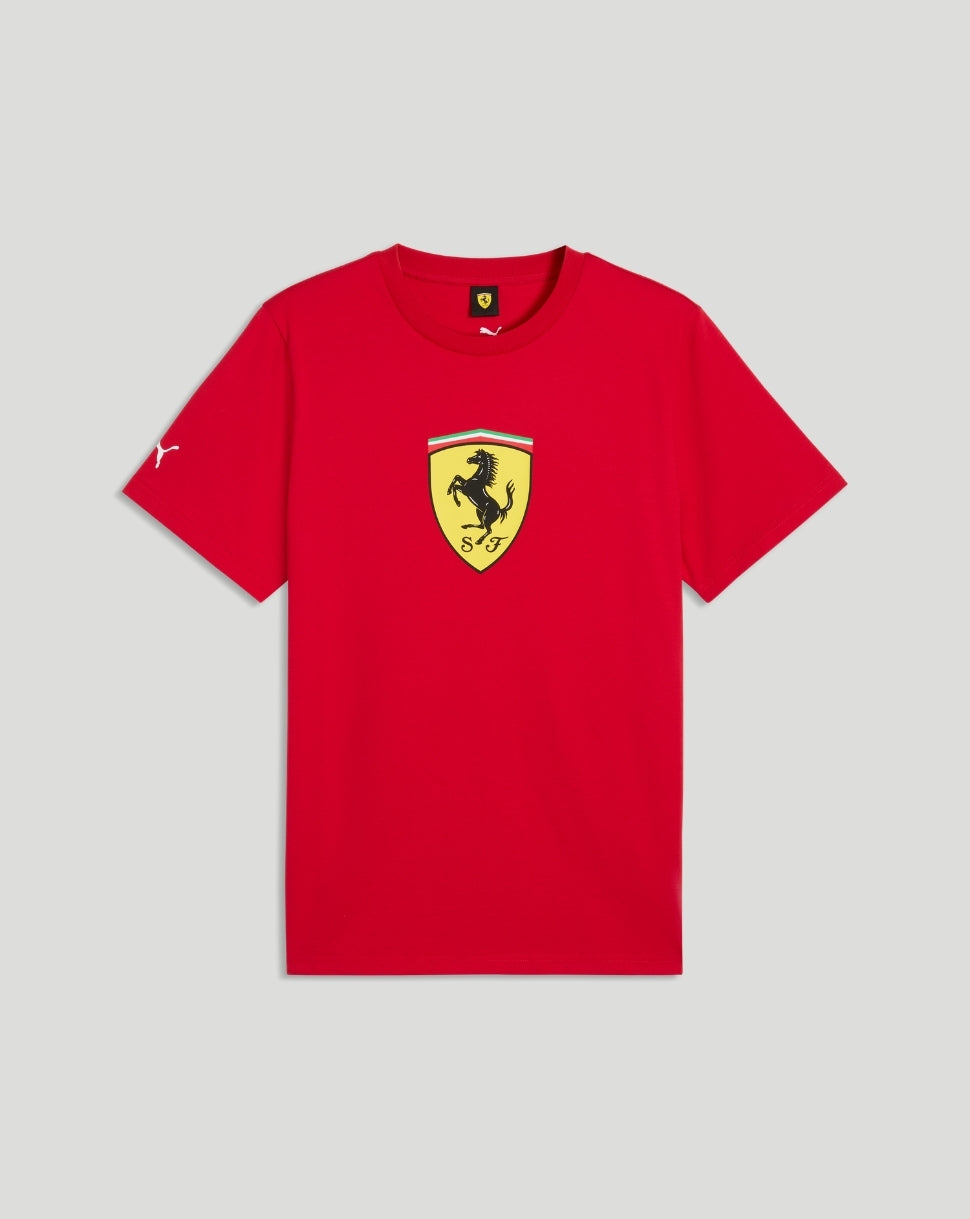 Red Rosso Corsa Scuderia Ferrari T shirt featuring the yellow shield crest with prancing horse on the chest