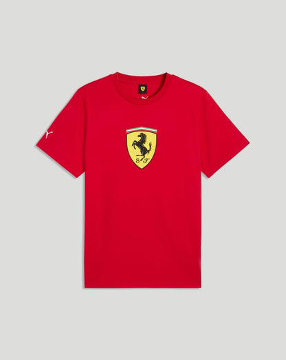 Red Rosso Corsa Scuderia Ferrari T shirt featuring the yellow shield crest with prancing horse on the chest
