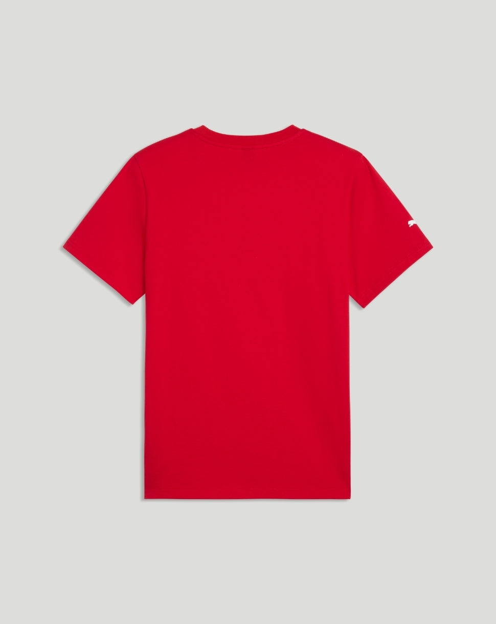 Back view of red Rosso Corsa Scuderia Ferrari T shirt with small white Puma logo on sleeve