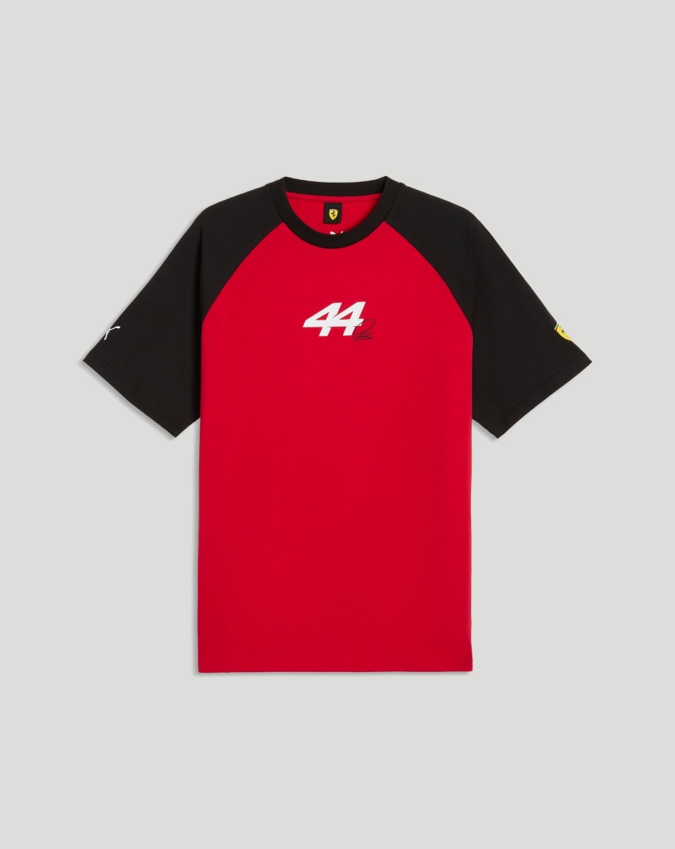 Back view of red and black Scuderia Ferrari Hamilton T Shirt with Hamilton above a large white 44 on the back