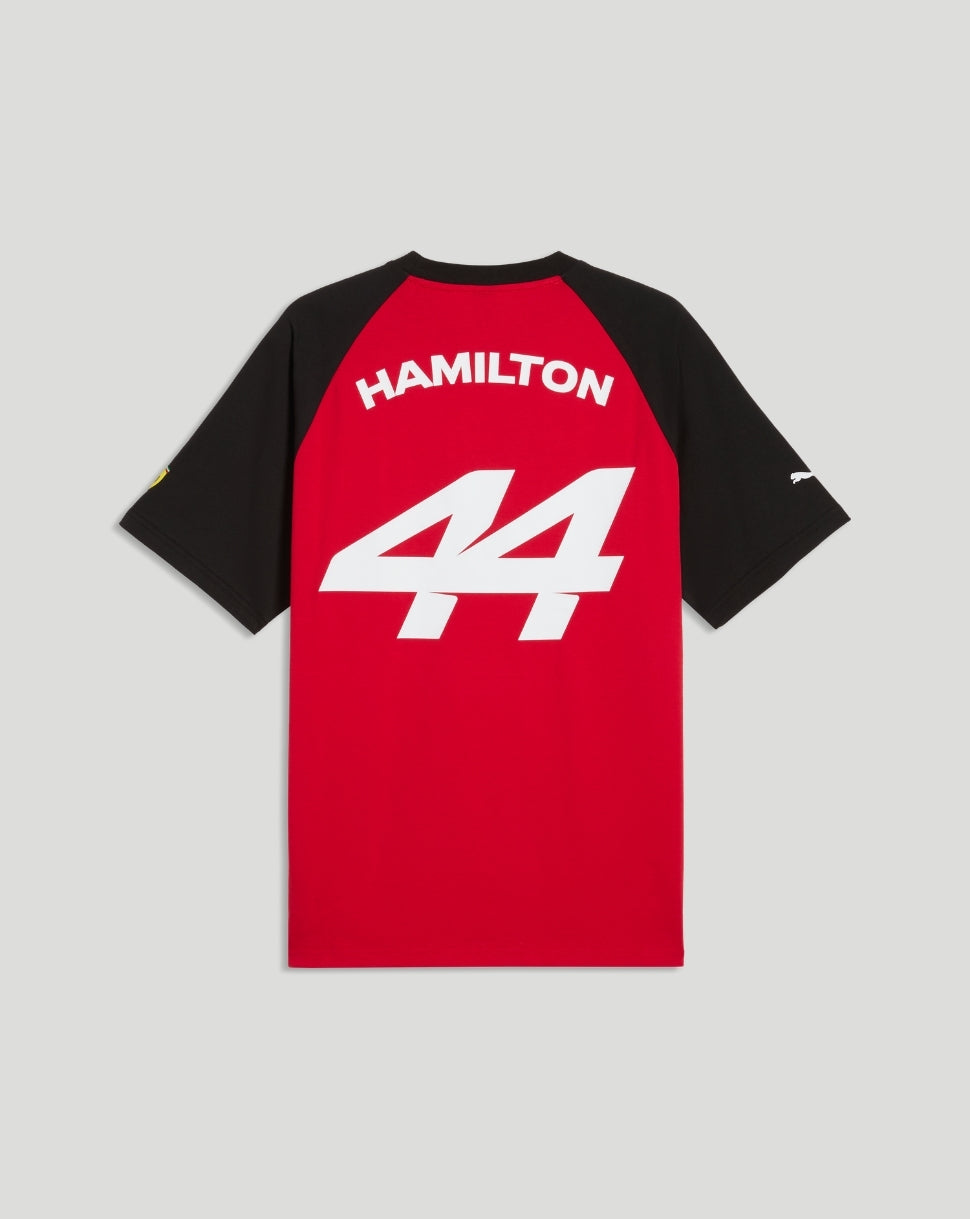 Back view of red and black Scuderia Ferrari Hamilton T Shirt showing Hamilton above a large white 44 on the back