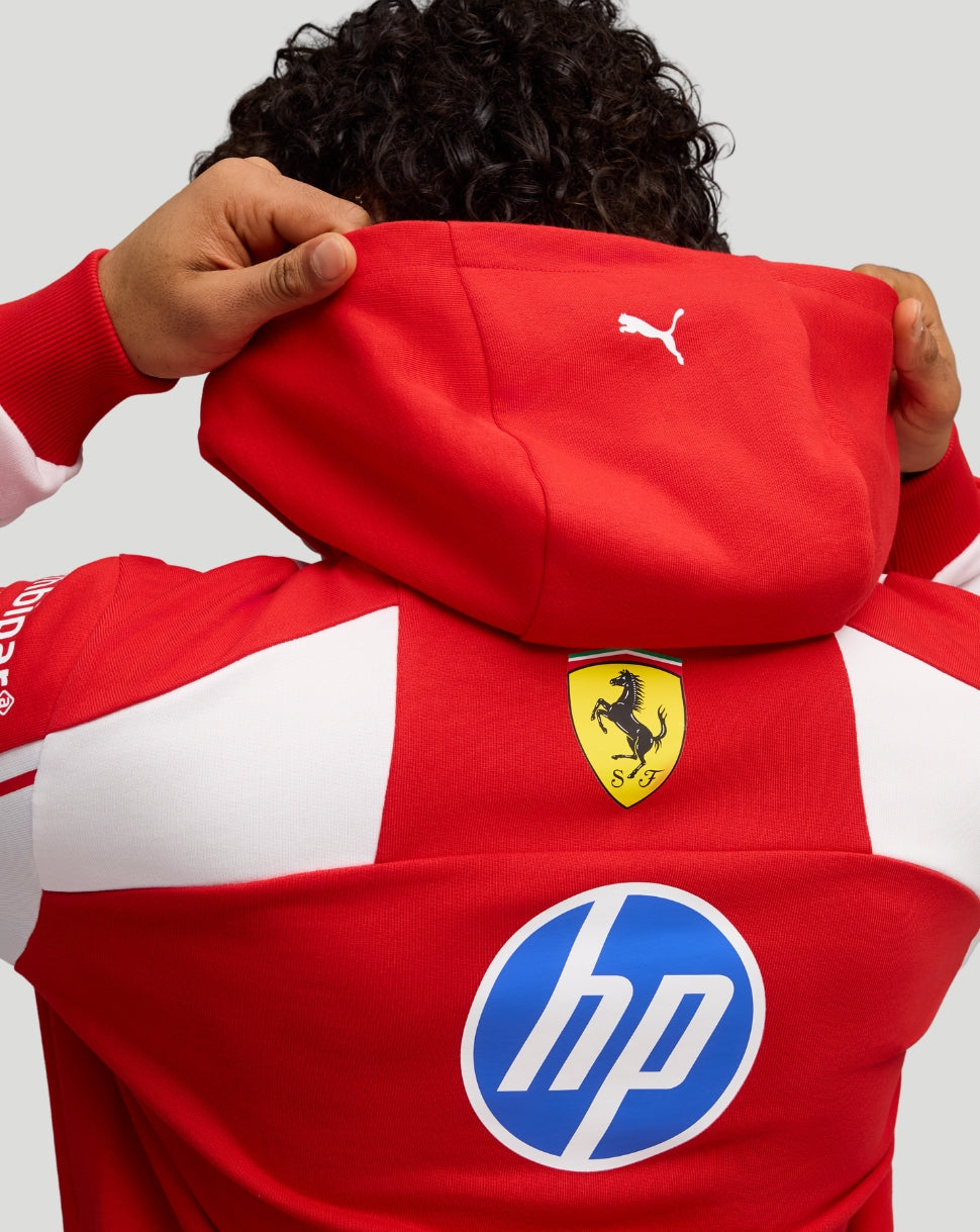 Back view of red Scuderia Ferrari hoodie with Ferrari crest and HP sponsor logo, hood up and a white Puma logo on the hood