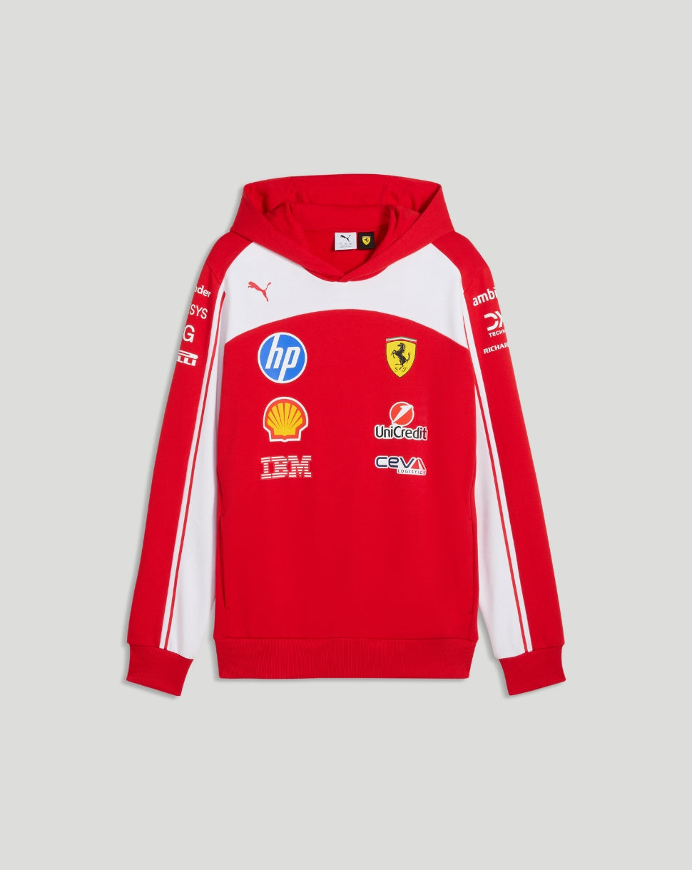 Front view of red Ferrari hoodie with HP logo and Ferrari crest among sponsor patches on the chest