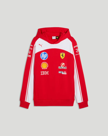 Front view of red Ferrari hoodie with HP logo and Ferrari crest among sponsor patches on the chest