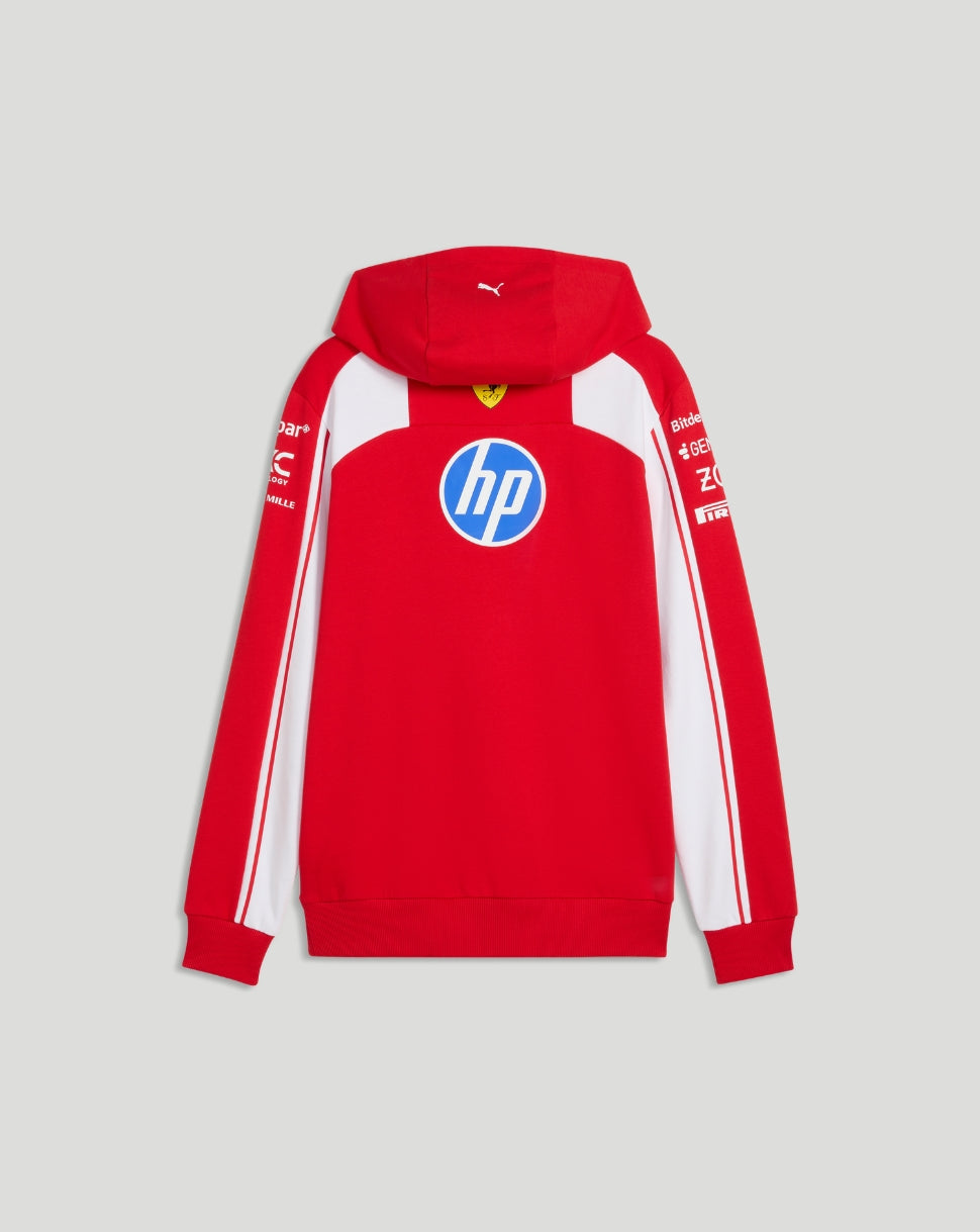 Back view of red Ferrari hoodie with a large HP logo on the lower back and a small Ferrari crest near the neckline