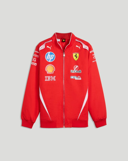 Front view of red Scuderia Ferrari team racing bomber jacket with zip closure and sponsor logos