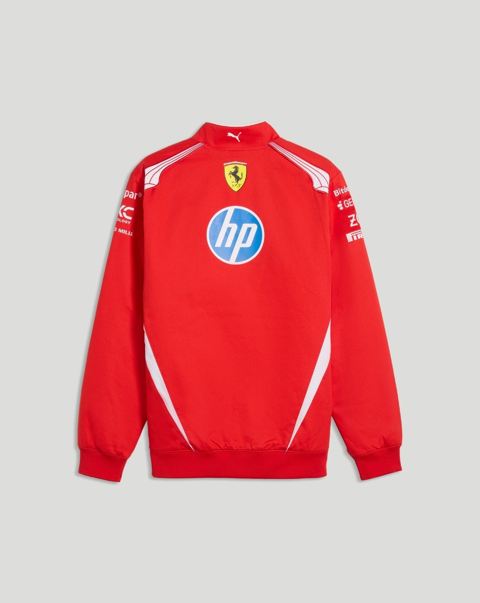 Back view of red Ferrari team racing bomber jacket featuring Ferrari crest and sponsor decals
