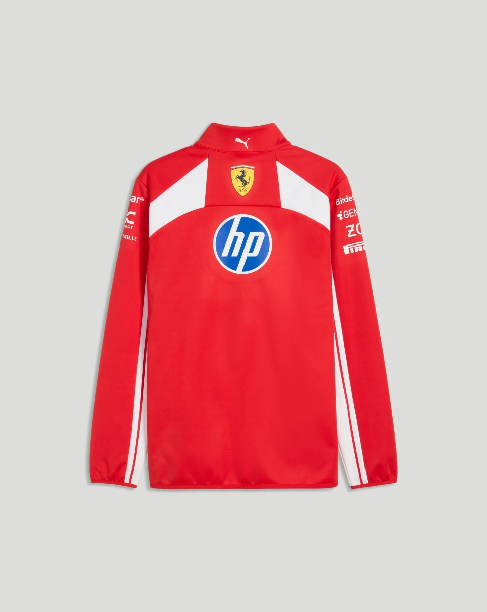 Back view of red Scuderia Ferrari softshell jacket with HP logo and Ferrari crest.