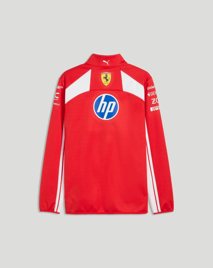 Back view of red Scuderia Ferrari softshell jacket with HP logo and Ferrari crest.