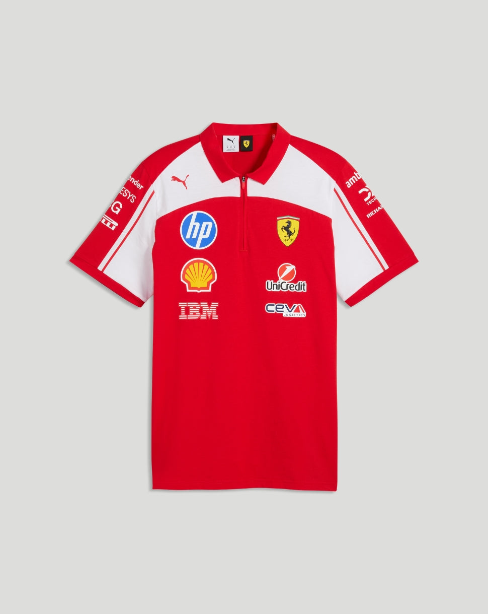 Red Scuderia Ferrari men's team polo with white shoulder panels and multiple sponsor logos on the chest.