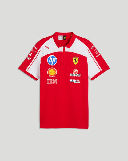 Red Scuderia Ferrari men's team polo with white shoulder panels and multiple sponsor logos on the chest.