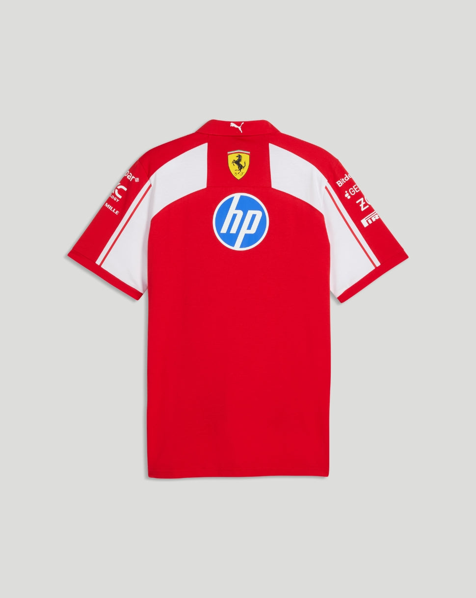 Rear view of a red Scuderia Ferrari polo with white panels, HP sponsor logo on the back and a small Ferrari crest at the collar.