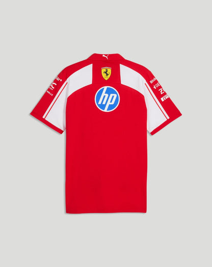 Rear view of a red Scuderia Ferrari polo with white panels, HP sponsor logo on the back and a small Ferrari crest at the collar.