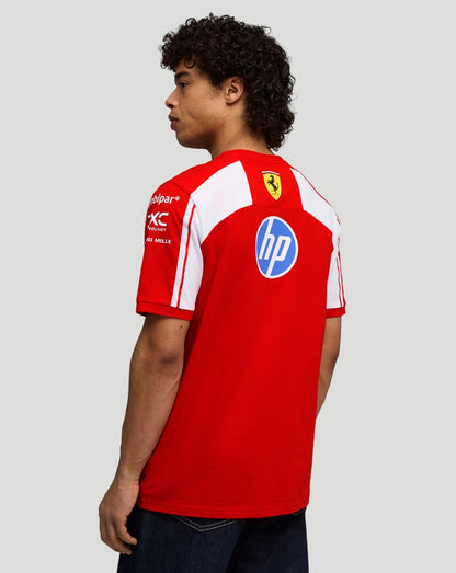 Back view of red Rosso Scuderia Ferrari team T shirt with white shoulder panels and HP logo on the back
