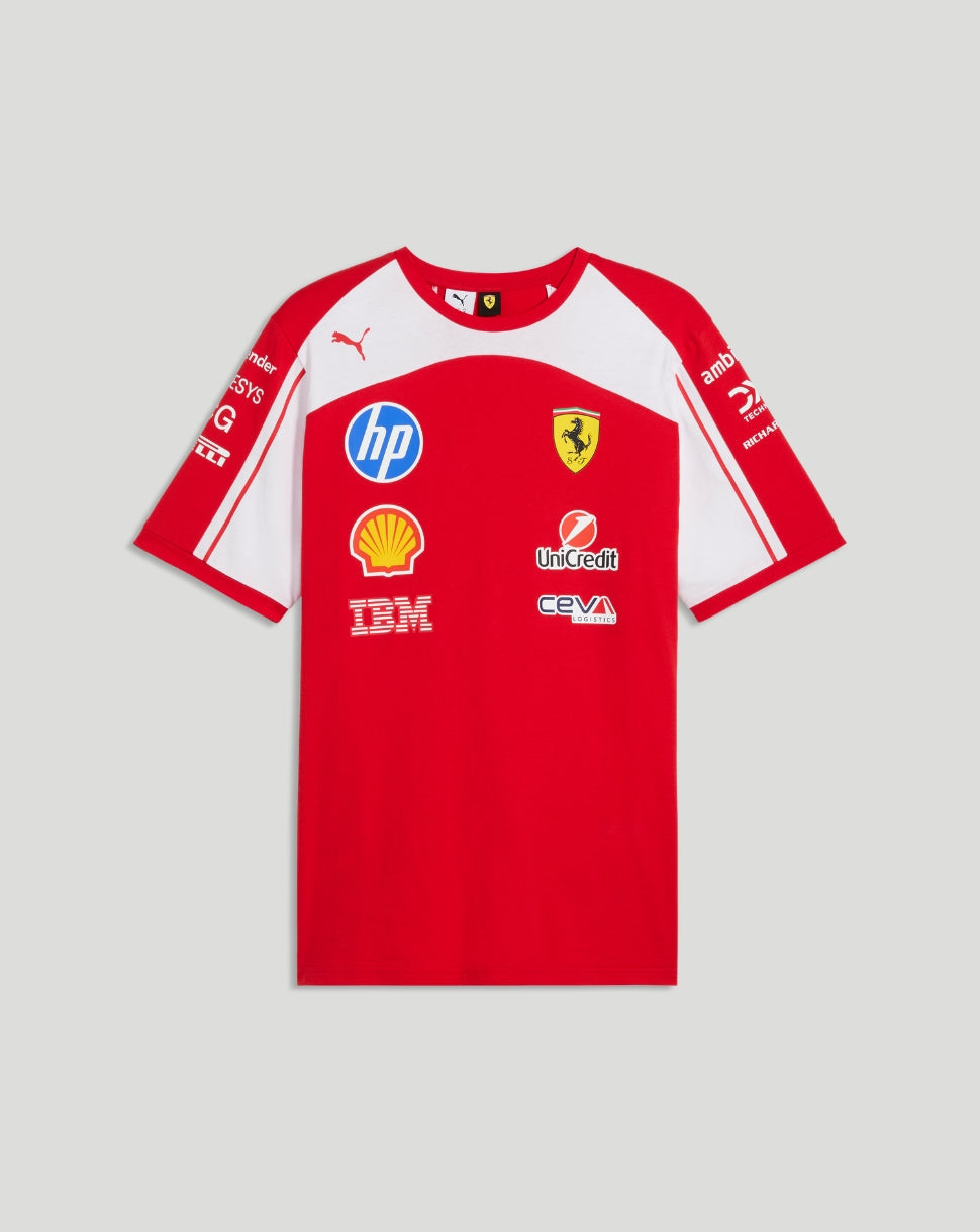 Flat lay front of red Scuderia Ferrari team T shirt with white shoulder panels and multiple sponsor logos on the chest