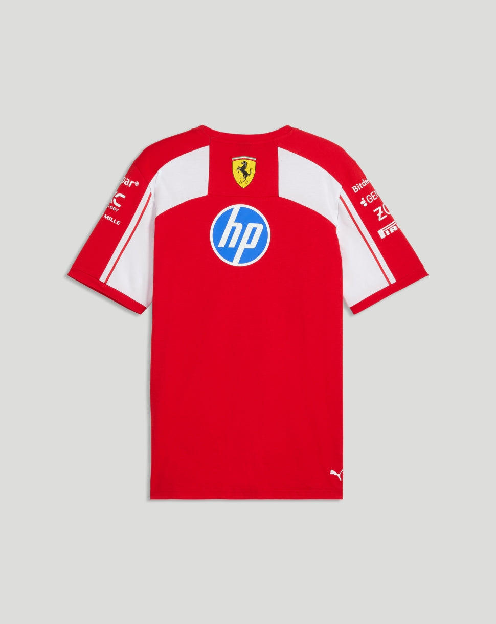 Red Scuderia Ferrari team T shirt with white panels and HP sponsor logo on the back, Ferrari crest at the top back