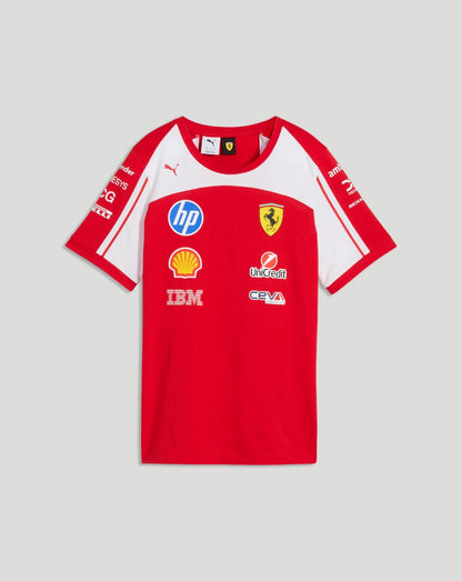 Red Scuderia Ferrari women's team T shirt with white chest and sleeve panels and multiple sponsor logos on the front.