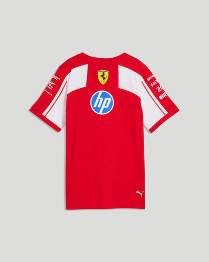 Back view of red Ferrari women's team T shirt showing the Ferrari crest at the neck and white shoulder panels.