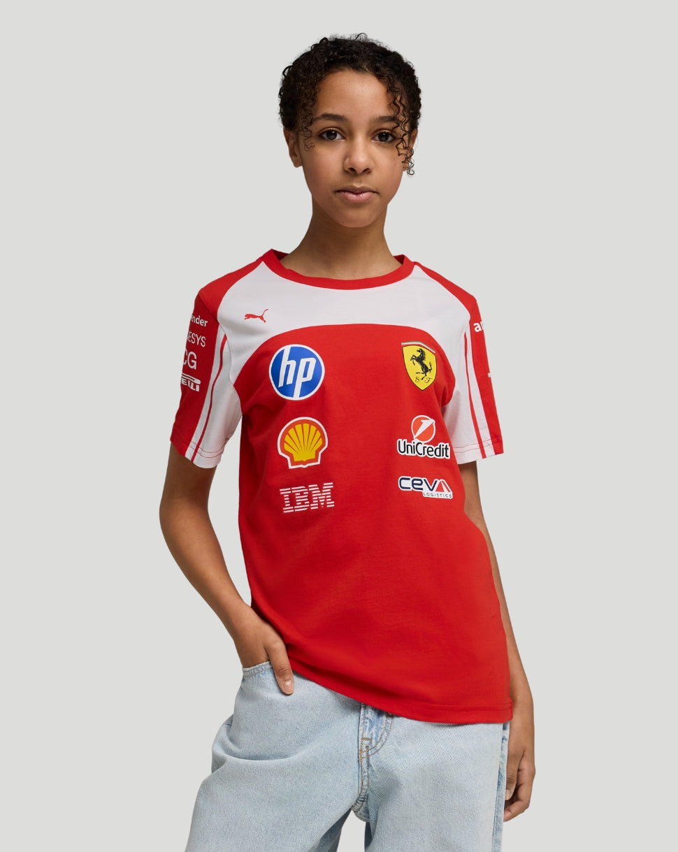 Red Scuderia Ferrari Junior Team T shirt with sponsor logos displayed on the chest