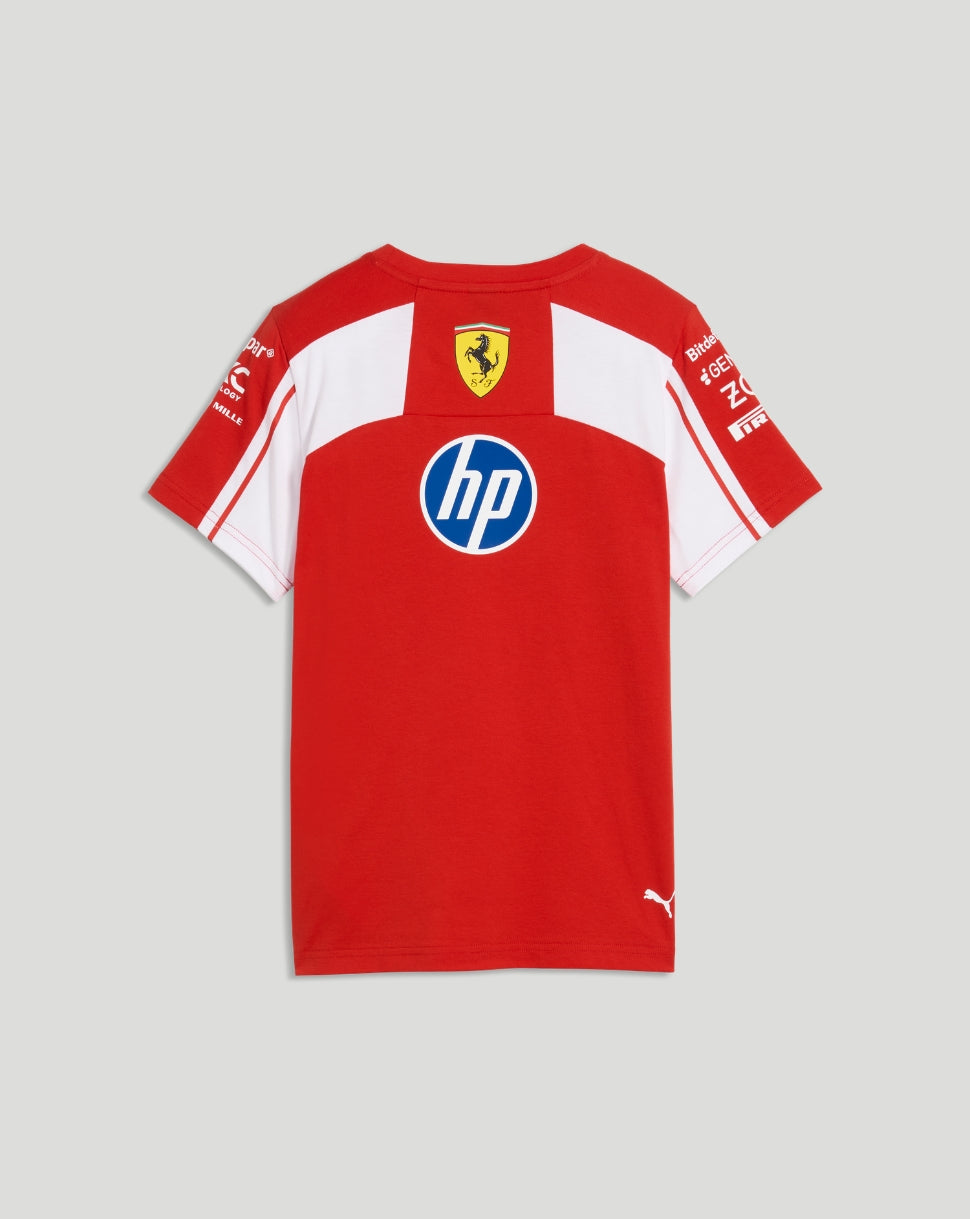Back view of red Scuderia Ferrari junior team T shirt with Ferrari crest at the neck and HP logo in the center