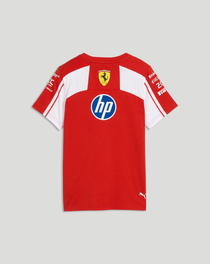 Back view of red Scuderia Ferrari junior team T shirt with Ferrari crest at the neck and HP logo in the center